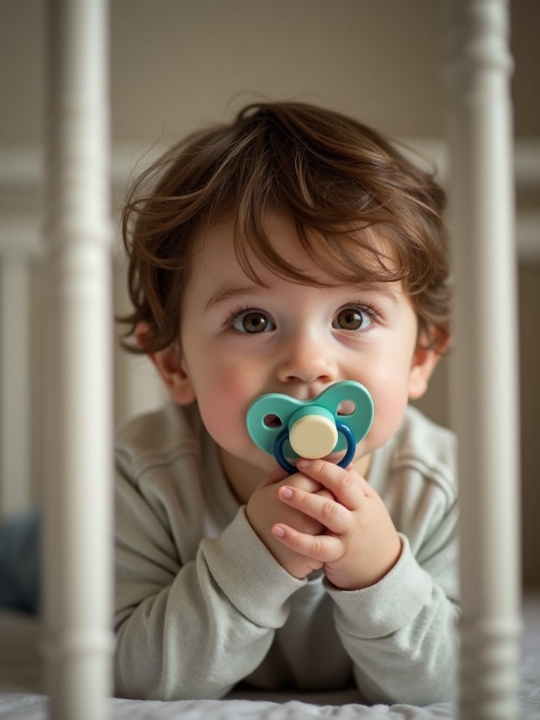 A cute teenage boy sitting in a crib holding a pacifier. Soft natural lighting creates a cozy warm ambiance.