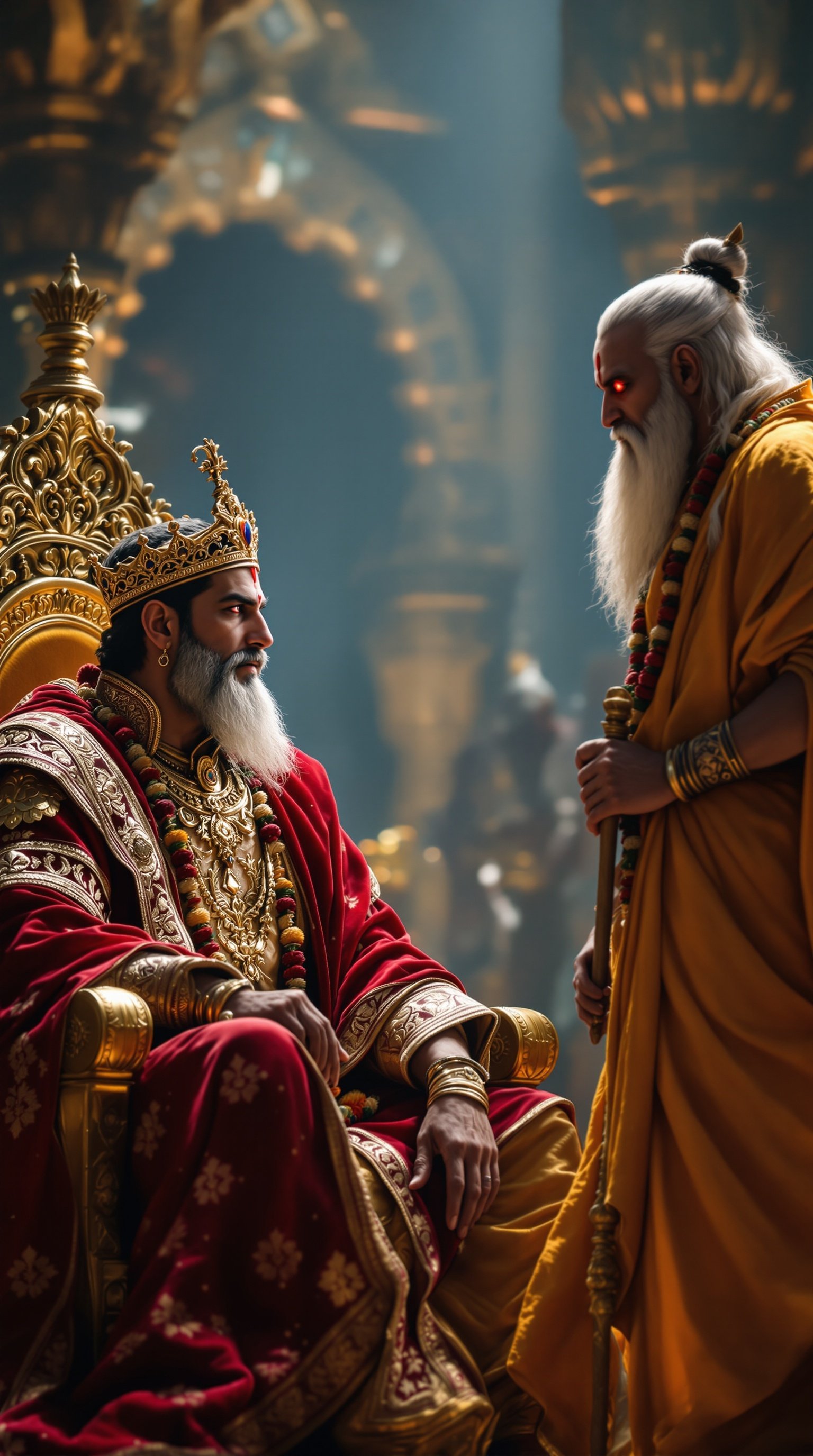 Detailed scene of a king on a throne with a sage and a glaring figure in a grand court. Intense atmosphere filled with regal and spiritual elements.