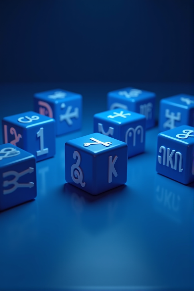 Blue dice with various zodiac symbols are scattered on a shiny blue surface.