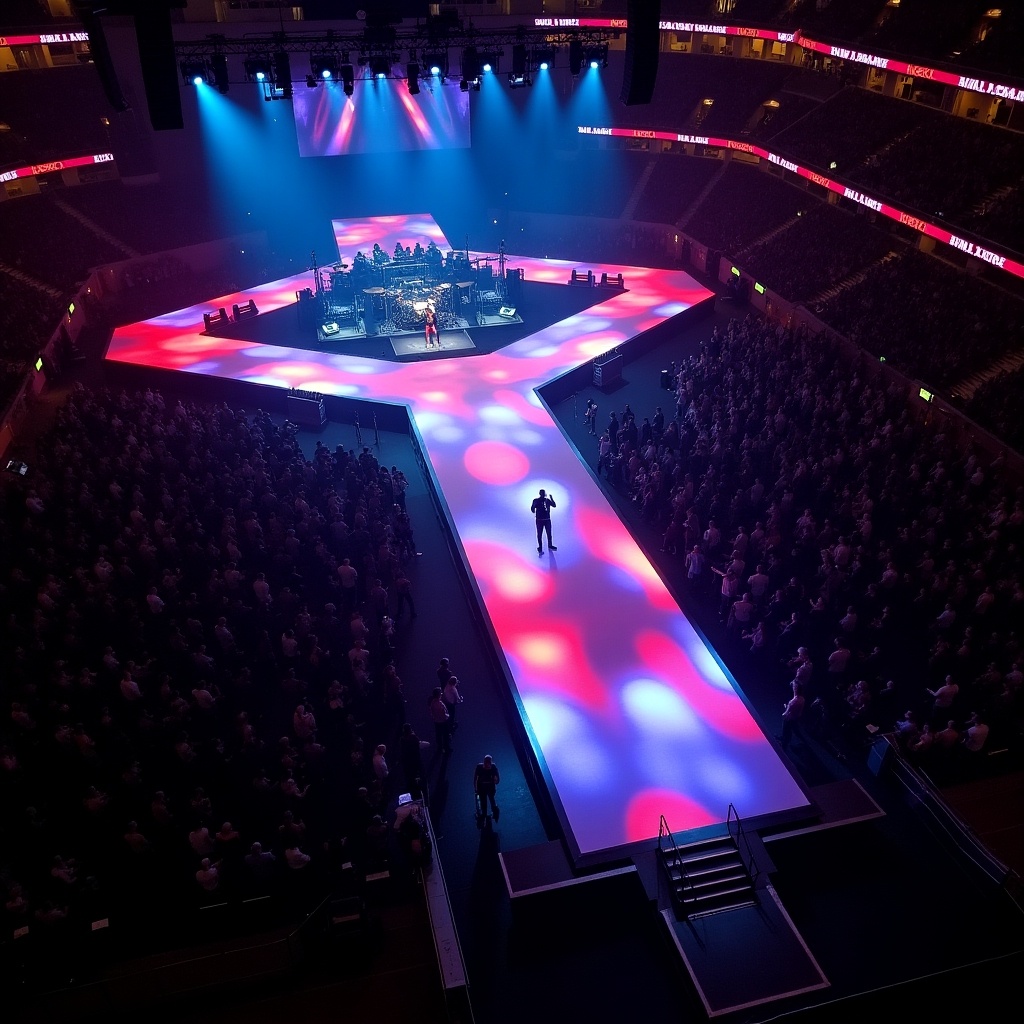 The image shows an aerial view of a concert at Madison Square Garden featuring Roddy Rich. The stage is uniquely designed in a T shape and is illuminated with vibrant colors, creating a visually striking setup. The audience is densely packed, enjoying the performance. This perspective allows one to appreciate the scale of the event and the spectacular lighting effects. The atmosphere is electrifying, as the crowd is engaged and lively. It represents a modern concert scene, showcasing the blend of music and dynamic stage production.