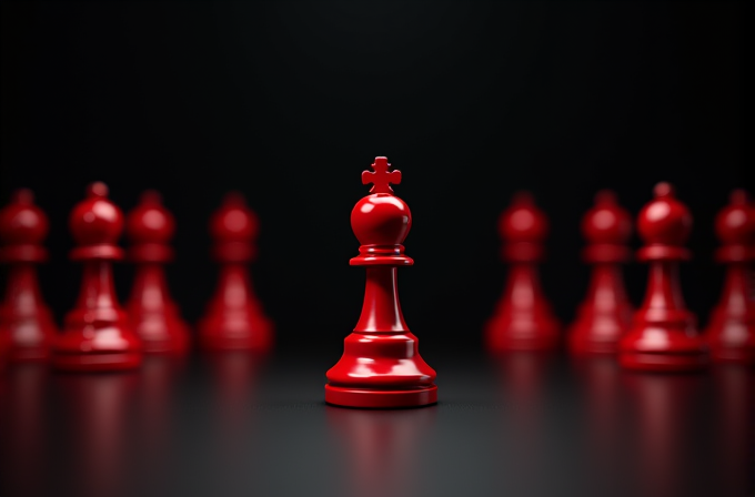 A shiny red king chess piece stands prominently in the center, surrounded by an army of red pawns against a dark background.