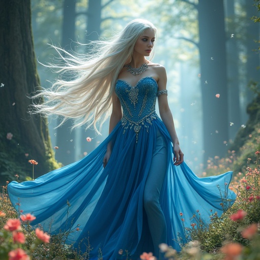 A fantasy-themed image features a beautiful dark elf woman in a magical forest. She wears a blue dress. Long white hair flows in the breeze. She has sparkling jewelry. The background has trees and mystical light. Flowers grow at her feet. The overall atmosphere is enchanting and whimsical.