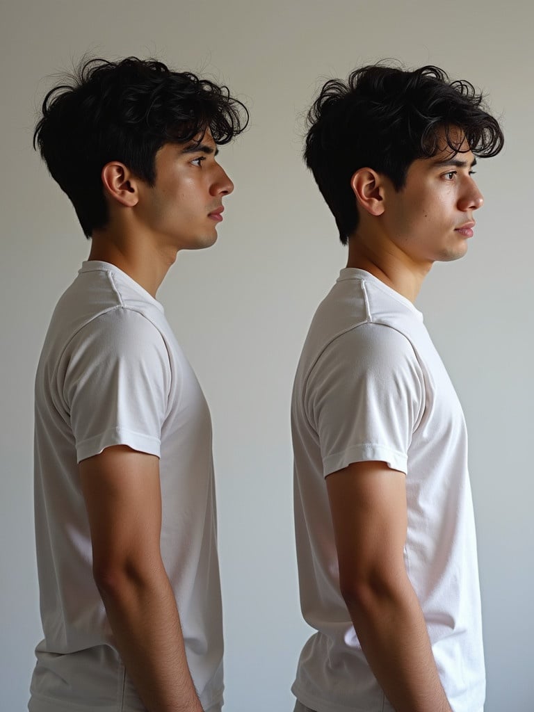 Young man displayed in front and side profiles. Natural hair and athletic build. Studio background enhances focus on the subject. No distracting elements present.