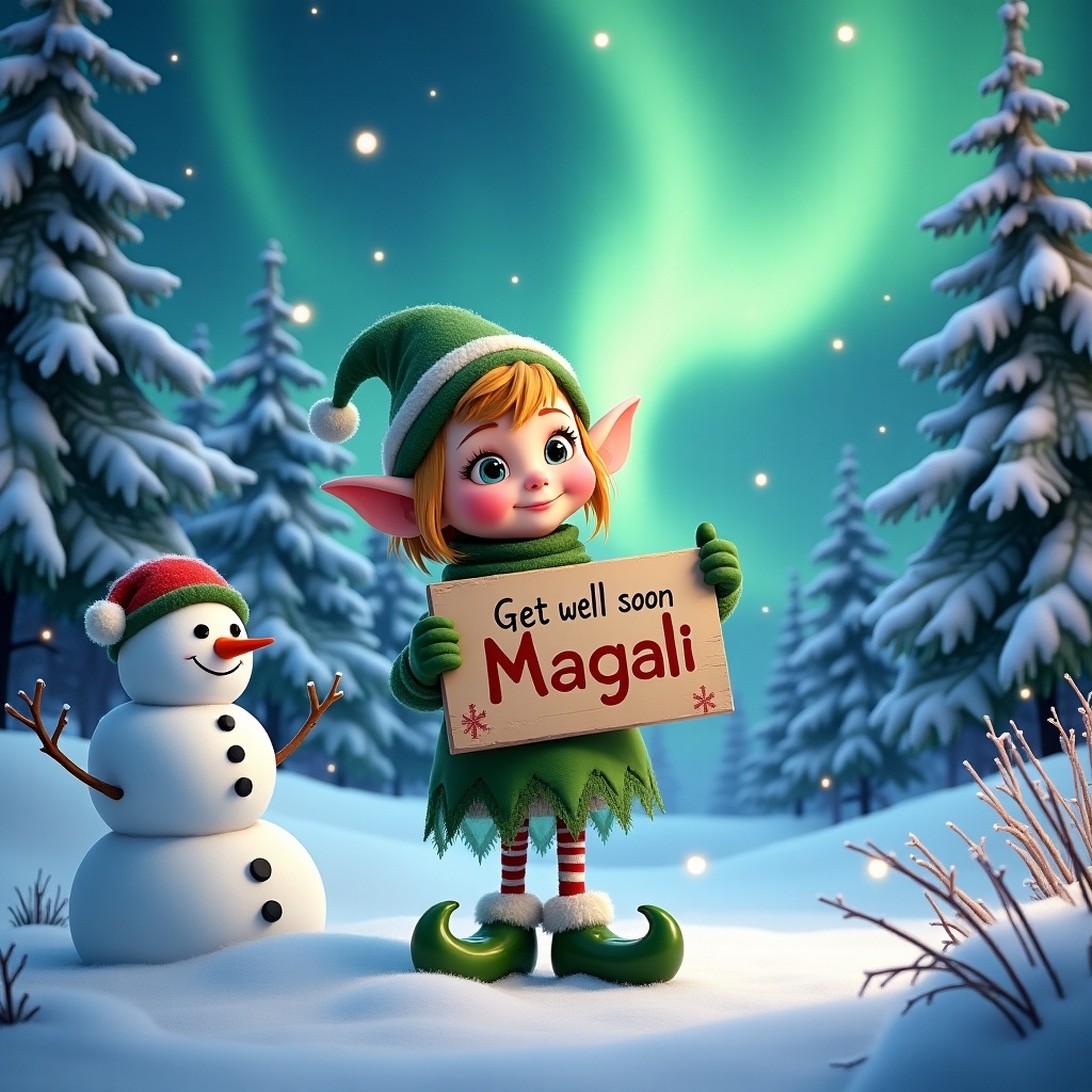 An elf character holds a sign that says 'Get well soon Magali'. The elf wears a green and white outfit with red accents. The background features magical northern lights above snow-covered trees and a smiling snowman beside the elf. The scene is cheerful and festive, evoking a warm holiday atmosphere.