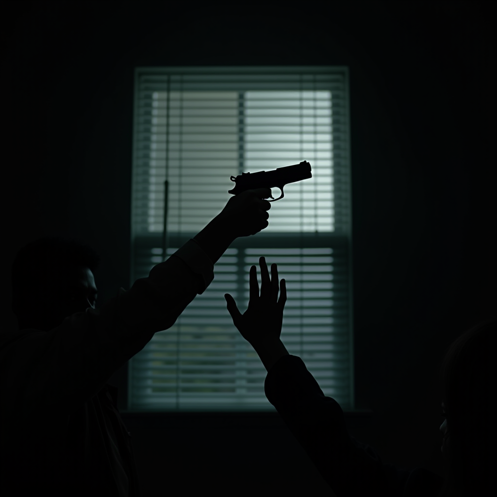 Two silhouettes are in front of a window, one holding a gun and the other raising their hands.