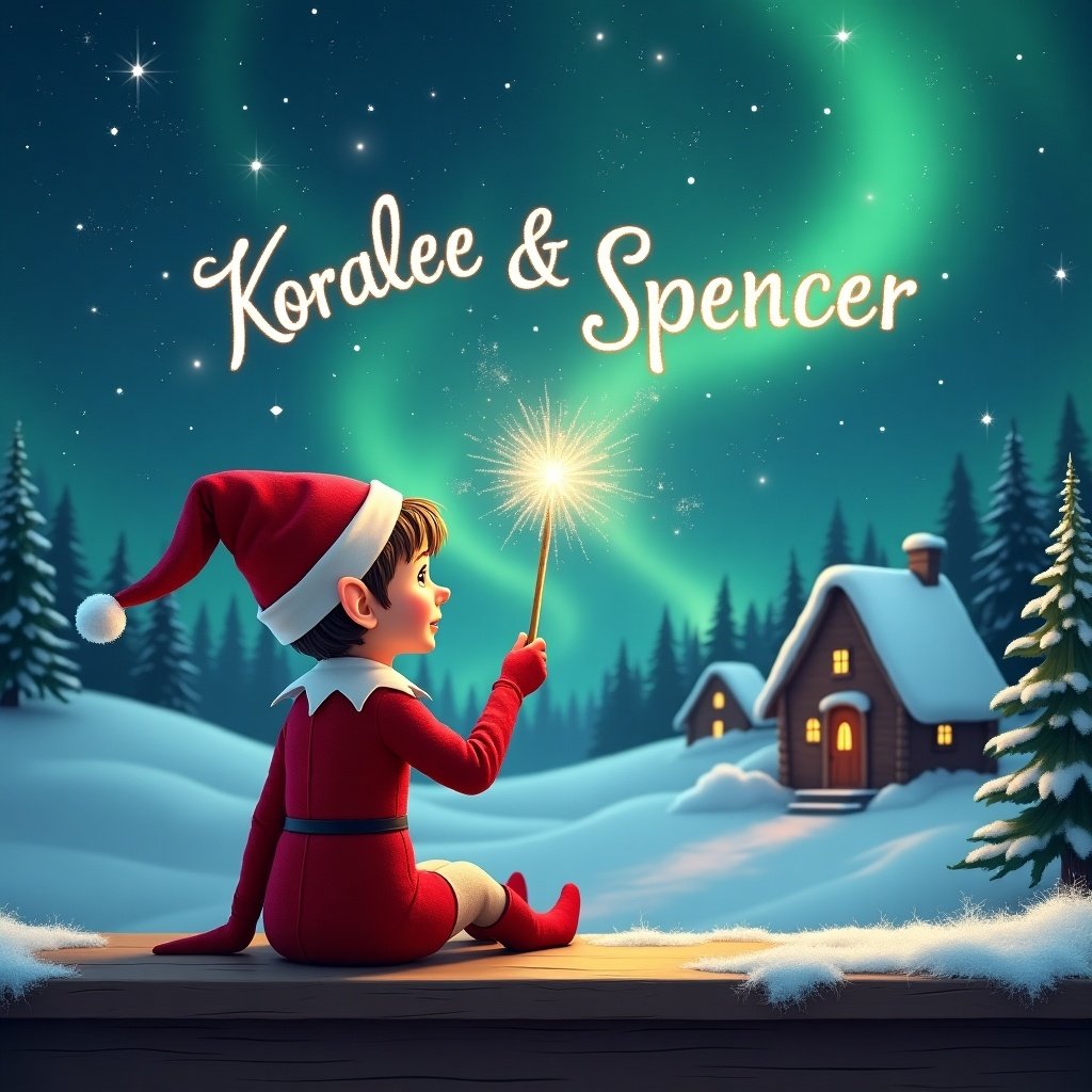 An elf sits on a wooden ledge, dressed in a red outfit with a pointed hat. The elf gazes at a magical sky filled with Northern Lights. In its hand, it holds a sparkling wand and writes the names 'Koralee' and 'Spencer' in the stars. The background features a snowy landscape with charming houses and evergreen trees. This enchanting scene captures the spirit of Christmas and evokes childhood wonder.