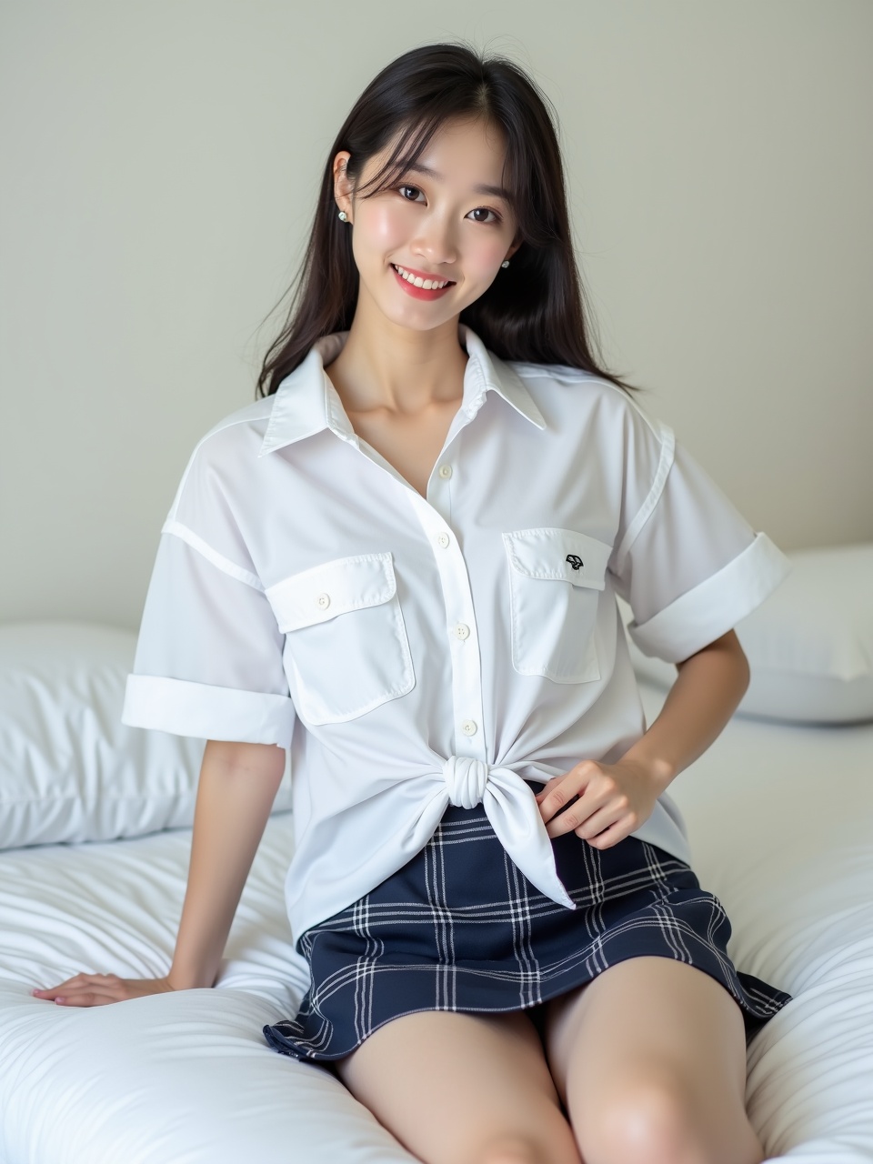 A young woman sitting on a bed, wearing a white tied shirt and a plaid skirt, with a soft smile and relaxed posture.