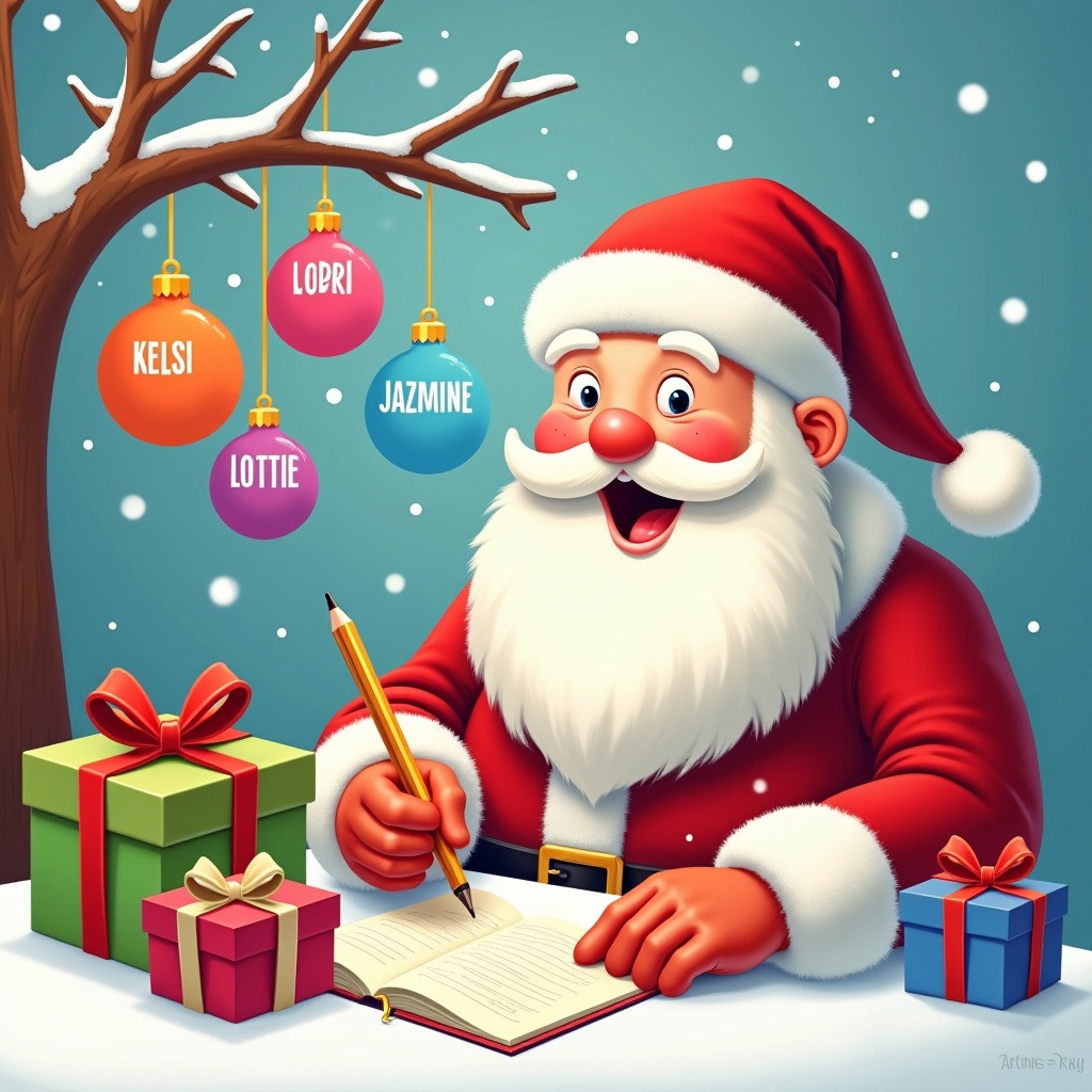 In this festive scene, Santa Claus is joyfully preparing for Christmas. He is holding a pencil and looking at colorful ornaments hanging from a branch. The ornaments are labeled with names: 'Coby', 'Lewis', 'Kelsi', 'Jazmine', and 'Lottie'. There are beautifully wrapped presents in bright colors around him, creating a cheerful atmosphere. The background is a soft blue with gentle snowfall, enhancing the magical feel of the holiday season.