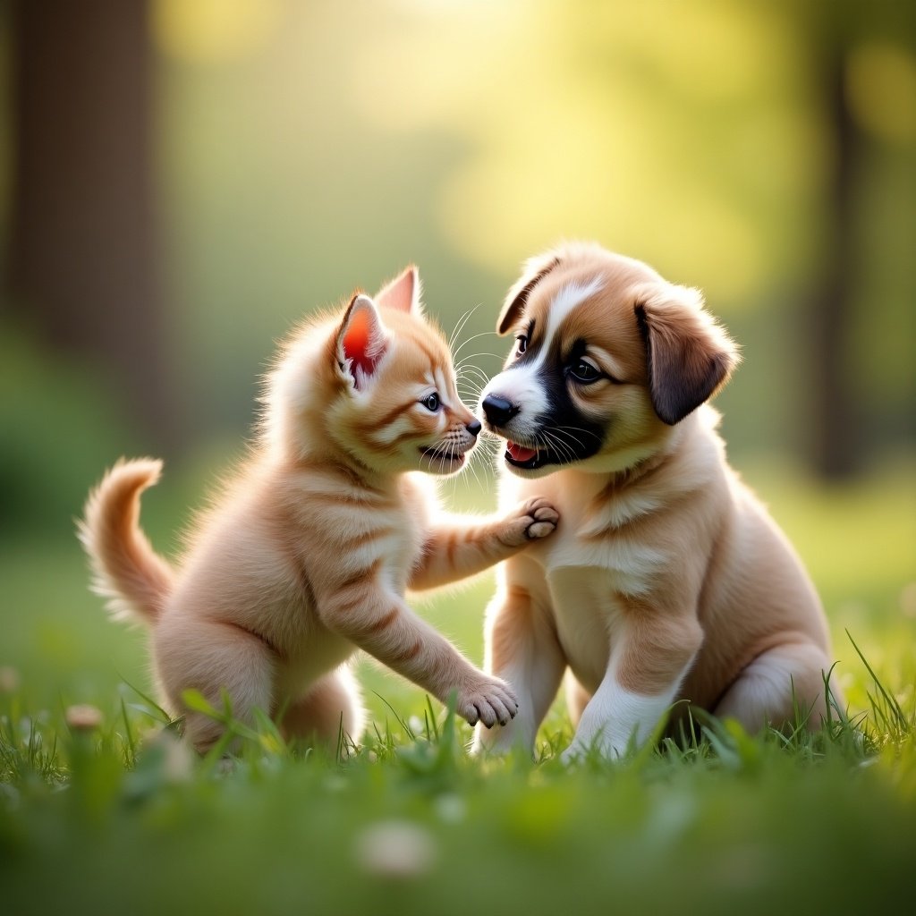 Photo captures a kitten and a puppy playing together in a lush green setting. Soft lighting enhances the joyful scene between the two animals.