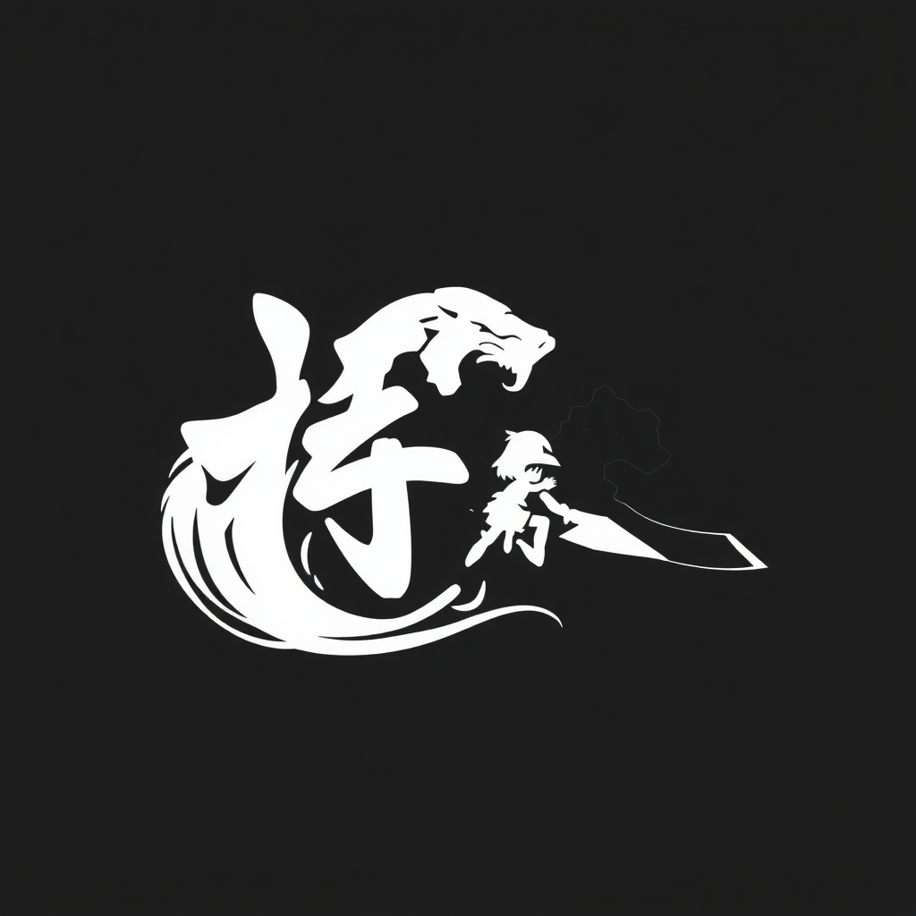 A silhouette of a small figure wielding a large sword beside stylized kanji integrated with a roaring dragon's head.