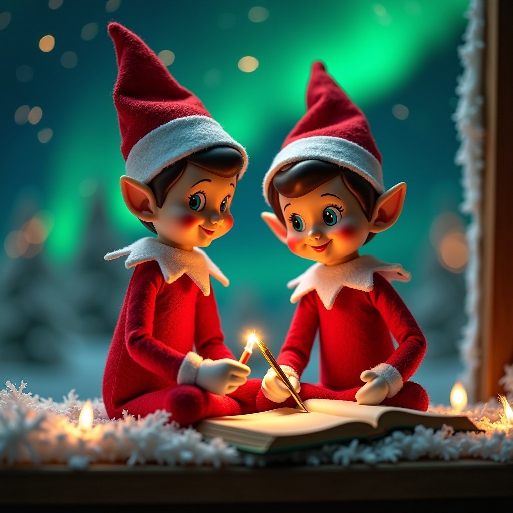 The image features two traditional elves on a shelf, adorned in festive red outfits with white collars. They are sitting close together, writing magic words in a book, surrounded by a cozy scene with twinkling lights. The enchanting northern lights illuminate the background, creating a magical atmosphere. This whimsical depiction is perfect for holiday themes and captures the joyous spirit of Christmas. The elves showcase expressions of curiosity and delight as they share a special moment filled with creativity and wonder.