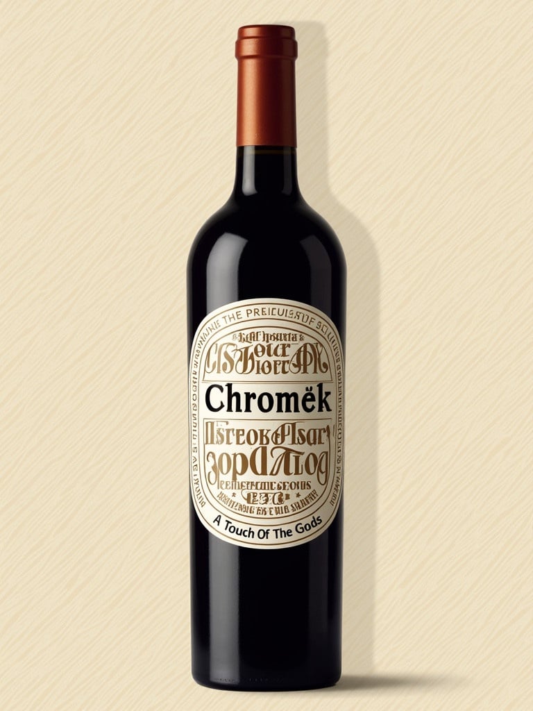 A wine label design for a premium brand called Chromík. It features regular cursive typography arranged elegantly around the bottle. The background has a subtle wine pattern and the color scheme combines deep browns and warm golds. The tagline A Touch Of The Gods is positioned at the bottom. The design emphasizes luxury and craftsmanship.