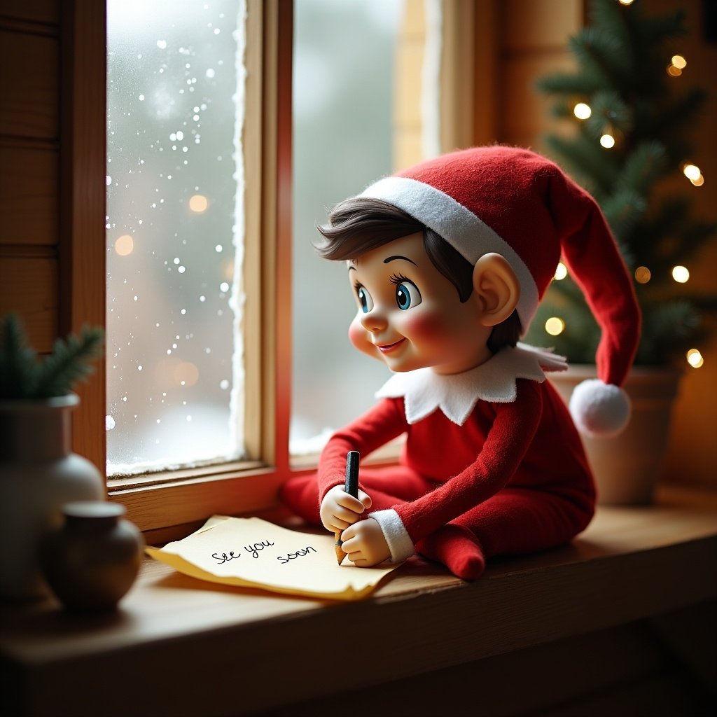 The image depicts a playful elf doll sitting by a window. The elf, dressed in a red outfit with a white collar, is busy writing a note on yellow paper. The note reads, "See you soon." Outside the window, a gentle snowfall creates a serene winter landscape. The elf looks happy and engaged, capturing the essence of holiday cheer. This scene evokes warmth and nostalgia, perfect for the holiday season. Soft, warm lighting fills the room, enhancing the cozy atmosphere. The elf's setting is decorated with small evergreen plants, adding to the festive theme.