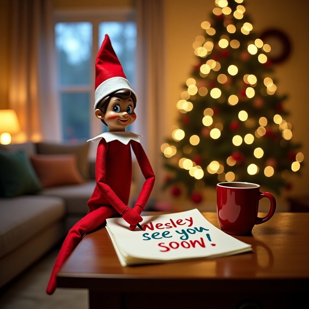 Elf on the shelf writing a note saying Wesley see you soon. Cozy indoor setting with Christmas lights in the background.