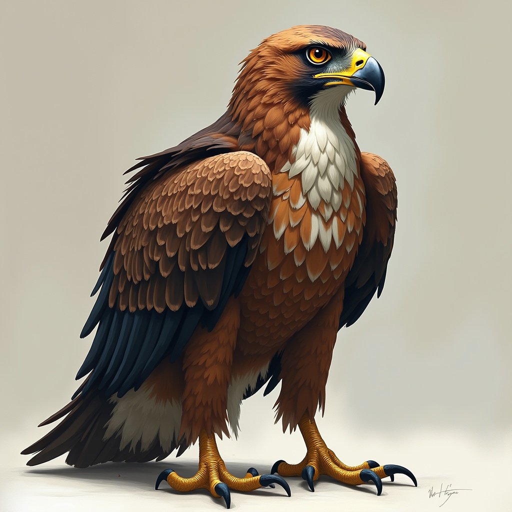 A hawklike creature with humanoid features standing upright with intricate feathers detailing and strong claws.