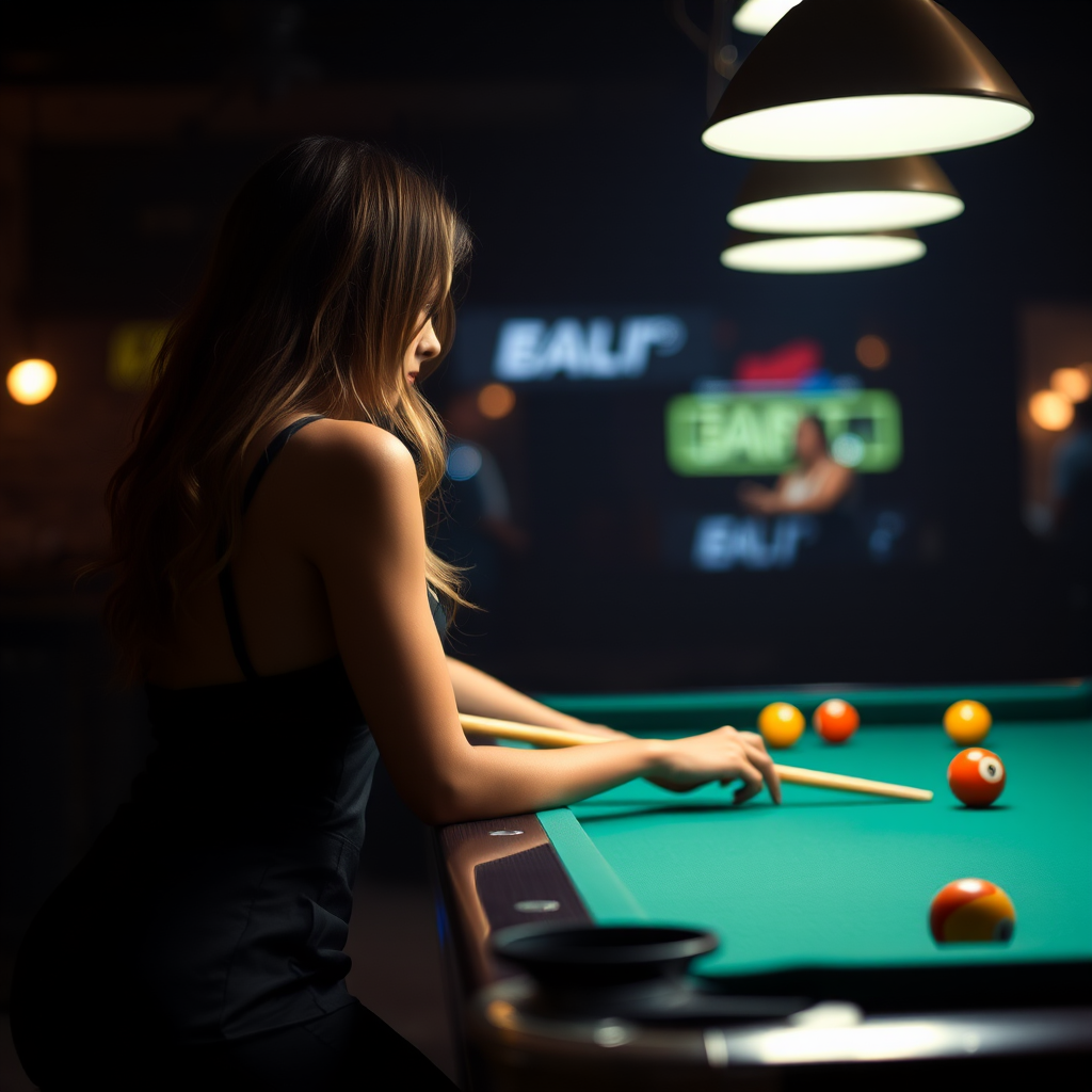 A woman in a stylish black dress focuses on her next move in a game of billiards.