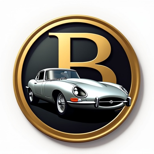 Logo design on a medal background. Logo features a black to gold gradient. In foreground a silver Jaguar E-Type shows dynamic sportiness. Behind it, a large B letter. Next to it, a mirrored B in identical size.