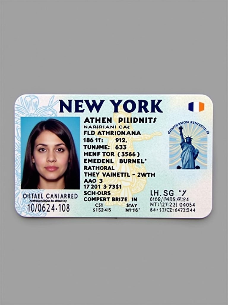 Front side of a New York driver license with personal information displayed. Government card design includes name, birth date, and age of 18 years. Includes an identification photo and official design elements.