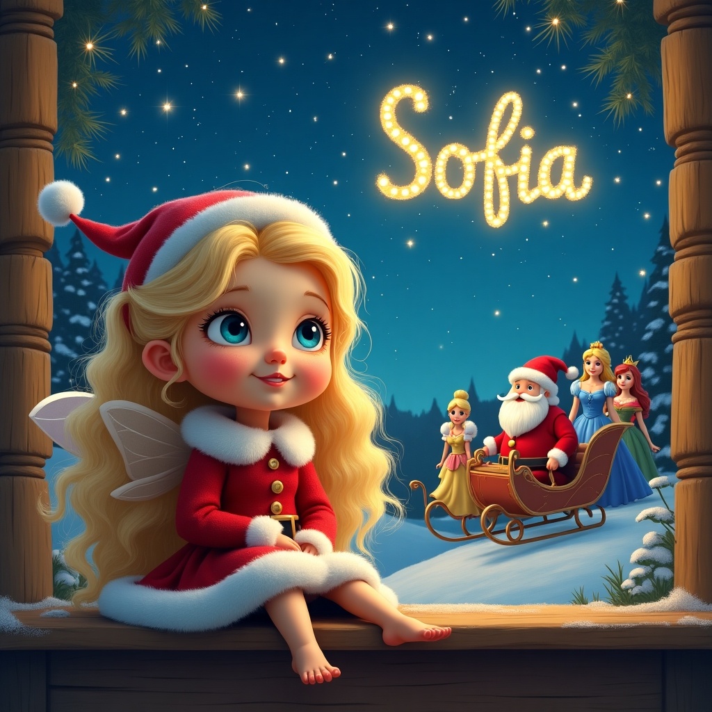 Create a whimsical illustration featuring a 4-year-old girl with long blonde hair and blue eyes, dressed as a pixie, sitting on a shelf. Behind her is Santa in a sleigh, accompanied by Disney princesses. The scene is set at night with a sparkling starry sky. Above, the name 'Sofia' is written in bright sparklers. The atmosphere should be magical and festive, capturing the essence of holiday cheer.