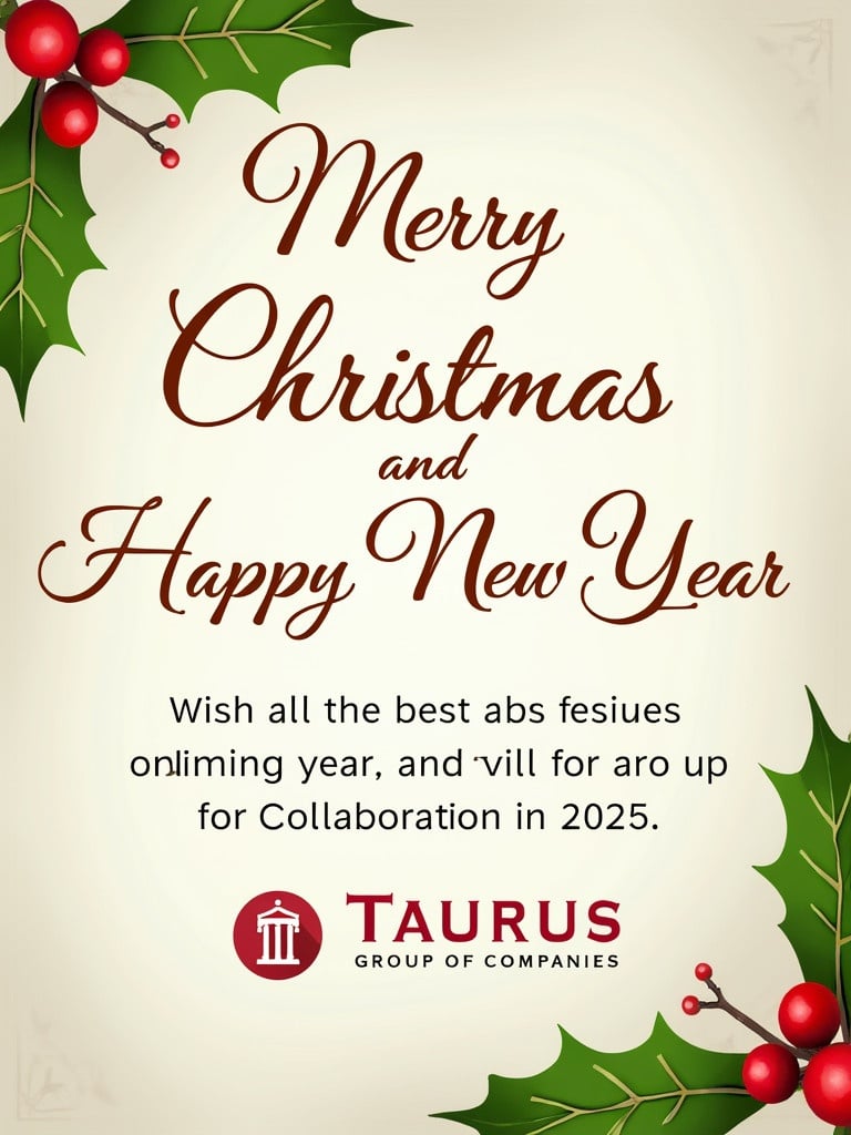 Seasonal greeting card designed for the holidays. Features the phrase Merry Christmas and Happy New Year in elegant typography. Background decorated with green leaves and red berries. Contains a warm message for the upcoming year and anticipation for collaboration in 2025. Signed off by Taurus Group of Companies.