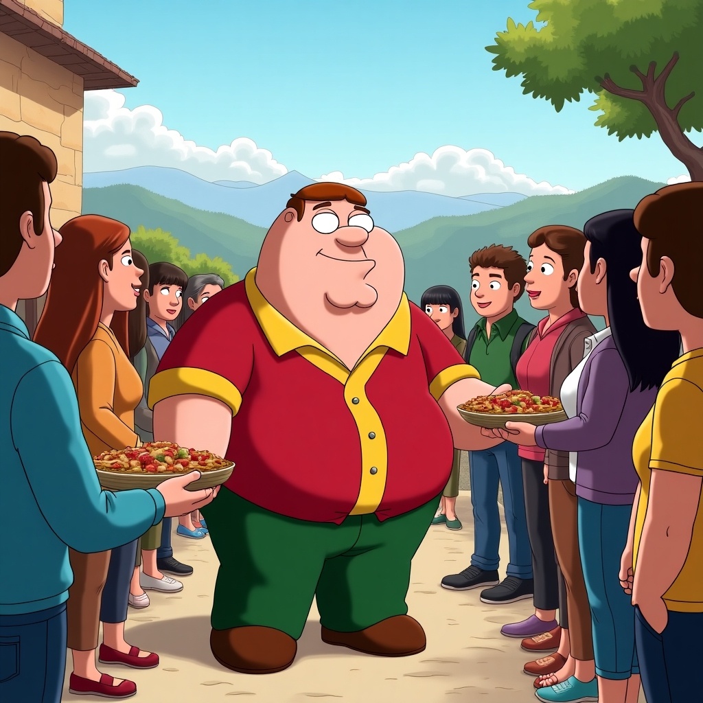 Peter Griffin, an animated character, stands in a sunny setting surrounded by people in Chile. He is offering food to those in need, showcasing a scene of generosity and community.