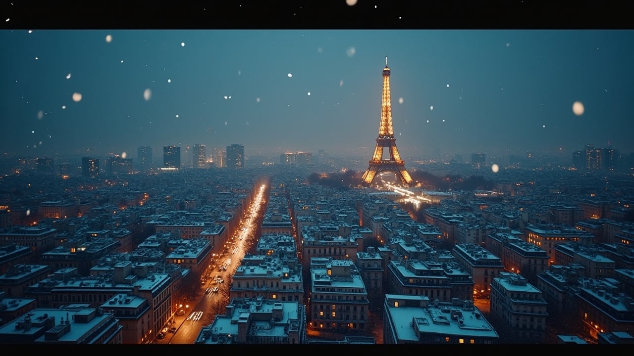 Cinematic aerial image of a festive, snowy cityscape at night featuring the Eiffel Tower. Twinkling lights and snowfall create a magical atmosphere. Shot on Arriflex Alexa.