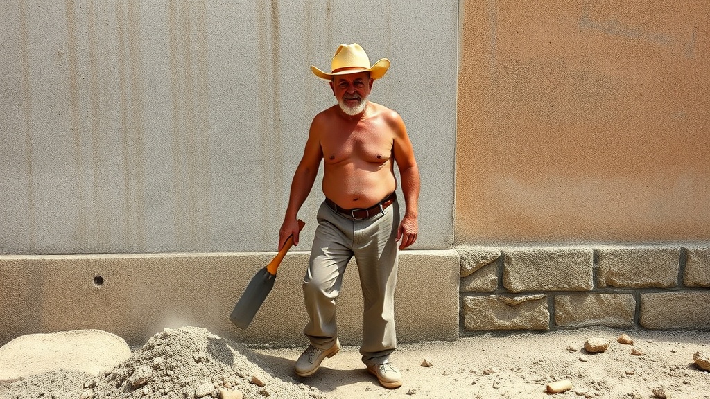 A shirtless man wearing a cowboy hat poses with a spade beside a heap of gravel against a textured wall. He exudes confidence and strength, with the sunlight highlighting the textures of both the gravel and the walls. The image portrays a rustic and hardworking theme, enhanced by the earthy tones of the scene.