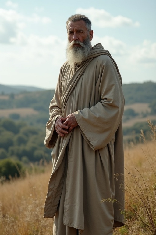 An old ascetic priest stands on a hill. He has short grey-black hair. He has a short beard. He is dressed in a natural-colored ceremonial robe. The setting is southern France. The priest appears stern and wise.