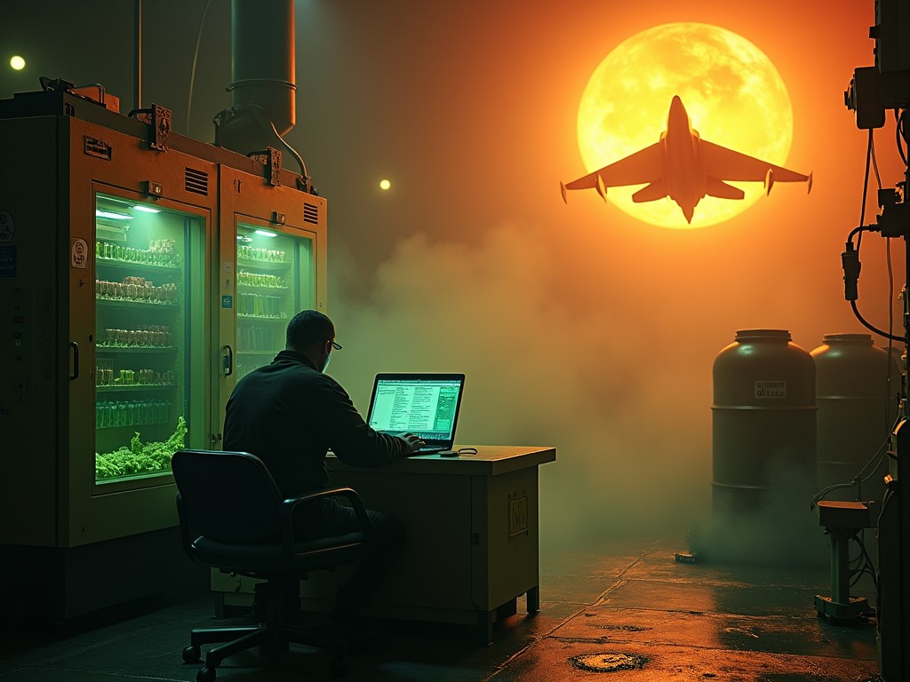 The image depicts an engineer, sitting in a gloomy lab and programming on a laptop, connected to a large electrical control panel. In the distance, glowing green barrels are seen, leaking a mysterious substance. Bright laser beams cut through the foggy atmosphere, creating a tense mood. Above, the sky is dominated by a vibrant orange sun, casting rays that illuminate the scene. A fighter jet flies across the sky, adding a sense of urgency and action to the setting. Bold words 'Silex 2 Rise of Brendan' shine prominently, enhancing the dramatic feel.