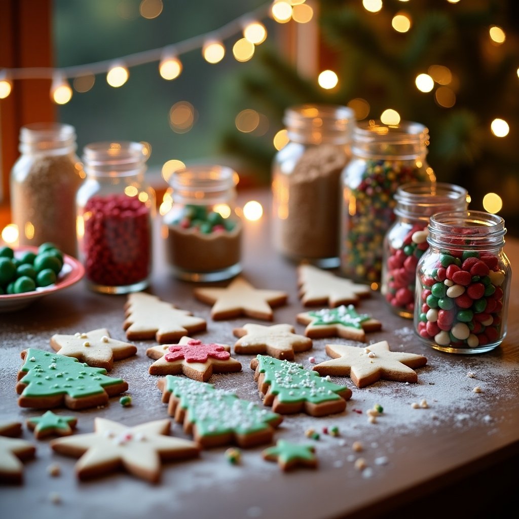 Cozy winter-themed table for holiday baking with colorful decorations. Display of ingredients for Christmas cookies. Warm glow from string lights creates festive atmosphere. Cookies shaped like trees and snowflakes. Jars of sprinkles and candies accompany baked cookies. Evokes joy and togetherness during holidays.