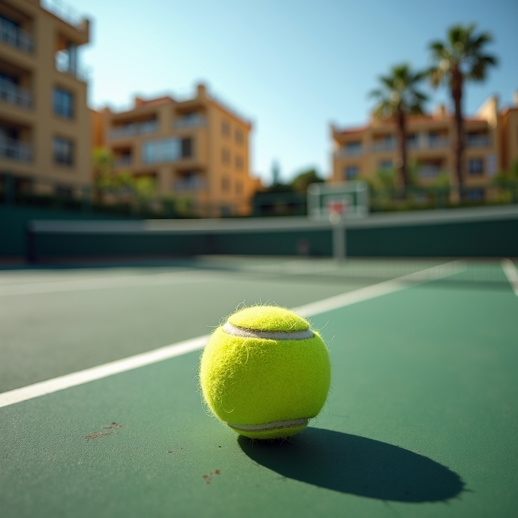 A bright yellow tennis ball rests in focus on a green outdoor court, with blurred apartment buildings and palm trees in the background.