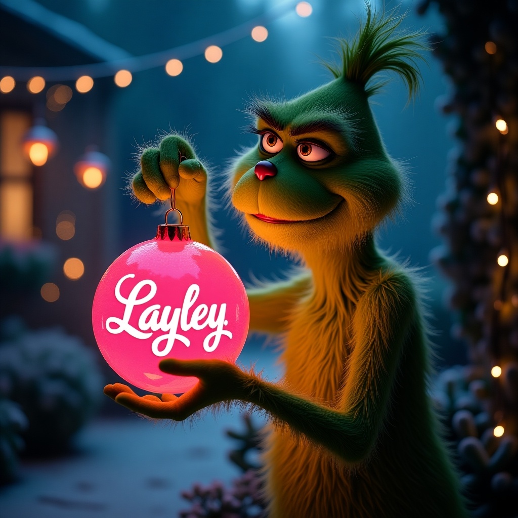 Scene with Grinch in a night garden. Grinch holds glowing pink Christmas bauble with Layley in script. Twinkling lights create a festive atmosphere.