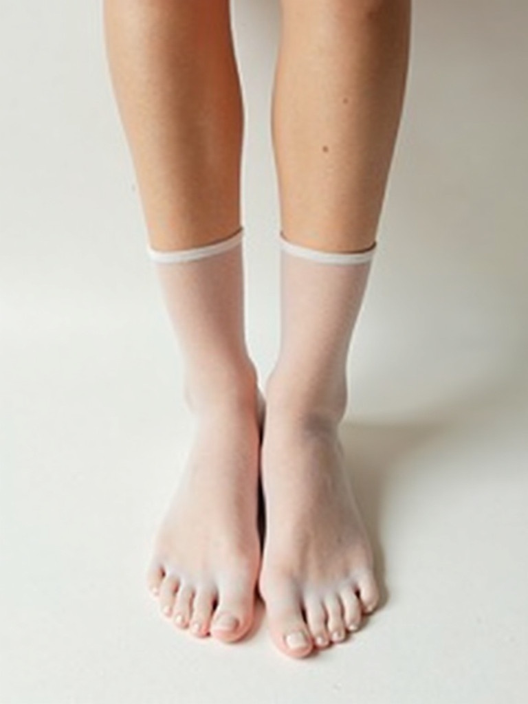 Female feet are shown in clear nylon socks. The image has a soft focus on the legs highlighting a delicate appearance. The background is clean which enhances the visual appeal. Suitable for fashion-themed imagery.