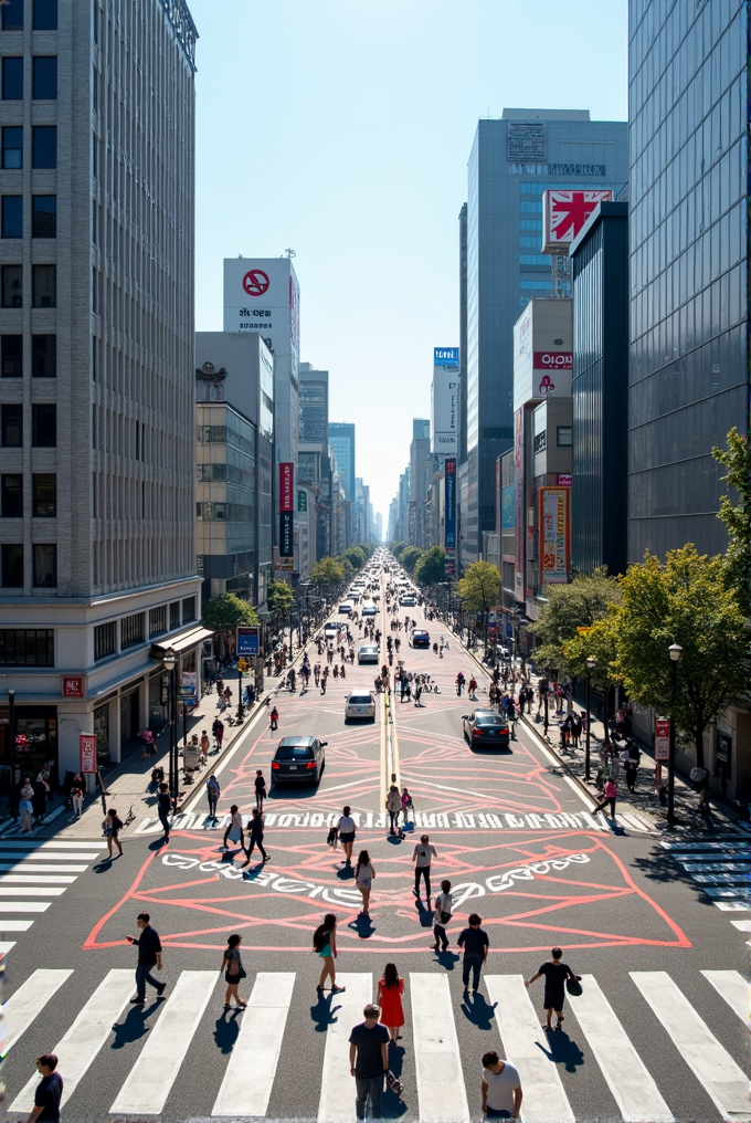 A bustling urban street with pedestrians crossing multiple wide zebra crossings beneath tall buildings and a clear blue sky.