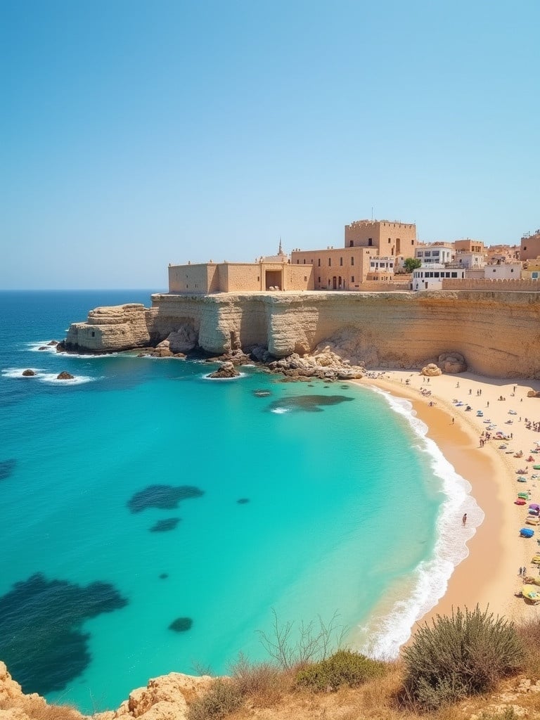 Large photo of Tunisia showing a turquoise beach with an ancient city behind it.