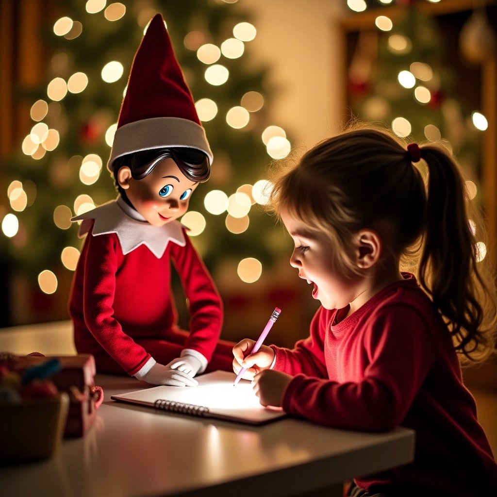 A child joyfully interacts with the Elf on the Shelf while writing in a notebook. The elf is dressed in a red suit with a pointy hat, observing attentively as the girl sketches or writes. The scene is filled with a warm, festive atmosphere, enhanced by the soft glow of Christmas lights in the background. This moment captures the magic of the holiday season, emphasizing the playful engagement between the child and this beloved holiday character. The overall setting features various Christmas decorations, creating a cozy, enchanting feel.