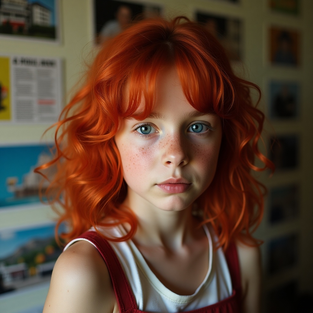 A close-up of a girl with striking red hair and freckles. The image captures her charming expression, emphasizing her unique hair color. The background features a subtle blur of text and images, drawing focus to her face. The lighting is soft and natural, highlighting her features. It's an artistic portrayal of youthful beauty.