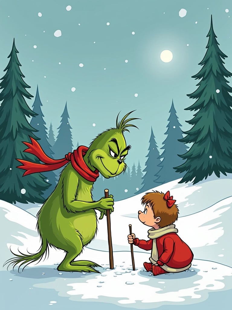 The Grinch draws Daniela in the snow with a stick. Scene features snow-covered hills and evergreen trees. Grinch is green with a red scarf.