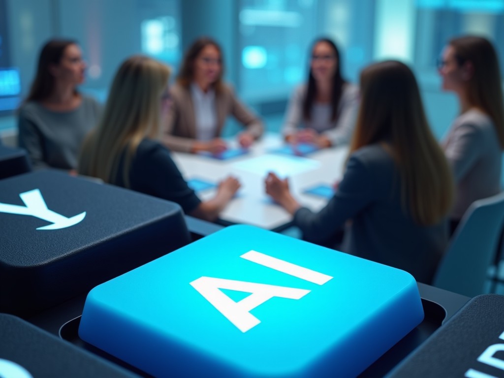 The image showcases a close-up of a blue keyboard key labeled 'AI', representing artificial intelligence. In the background, a group of seven women is engaged in a modern meeting, discussing topics likely related to technology. The setting is a sleek and futuristic office, indicating a professional atmosphere. The focus is on the AI key, emphasizing its significance in the context of their discussion. The women are seen interacting and collaborating, highlighting inclusivity in the tech industry.