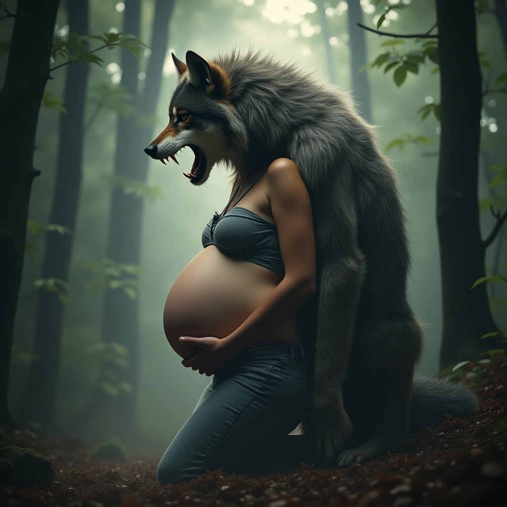 A pregnant woman appears alongside a werewolf as if in transformation. Woman kneels in forest. The werewolf is partially formed on her back. The scene is mystical with soft lighting.