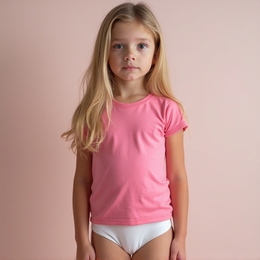 Portrait of a seven year old girl with long blonde hair. She wears a fitted pink t-shirt and white diaper. Background is soft pink. The focus is on casual children's wear.