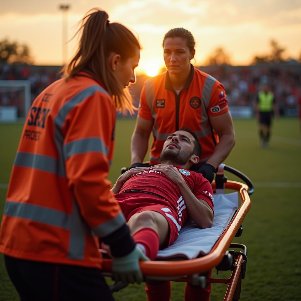 Scene depicts an injured soccer player on a stretcher. Female crew member assists, showing concern. A man appears unconscious and in pain. The setting is a soccer field at sunset, emphasizing urgency and sports emergency response.