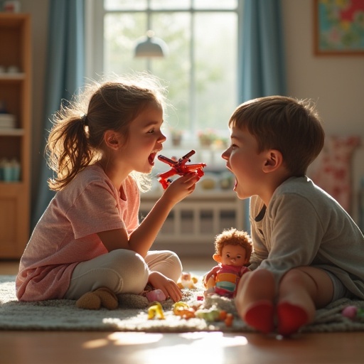 A girl pretends to be a giant while playing with her mother and brother. The girl sits on the floor with an open mouth as her mother playfully brings a toy plane towards her. The brother has a doll in his mouth. The scene is warmly lit with a comfortable background.