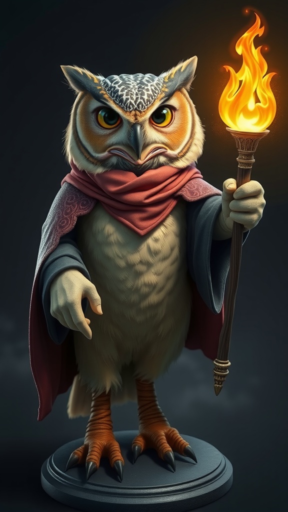 An anthropomorphic owl stands confidently on a pedestal, draped in a red cloak. It holds a flaming torch, casting a warm glow that highlights its piercing eyes and detailed feathers. The background is dark, enhancing the fiery illumination and giving the image a mystical, almost wizard-like atmosphere.