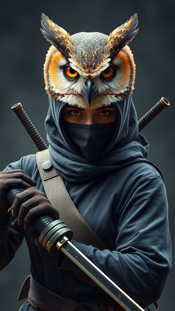 The image portrays a mysterious figure dressed in a ninja outfit, gripping a katana with a wooden handle. The most striking feature is the owl helmet, which perfectly fits the character's head, giving the appearance of an owl face with intense, bright eyes that add an air of mystique. This fusion of owl features with a ninja persona enhances the sense of stealth, wisdom, and strength.