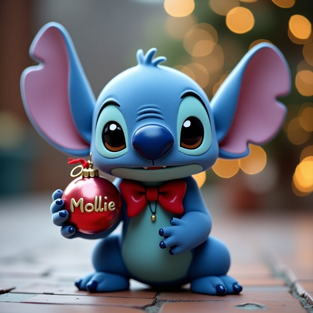 Cute character resembling Stitch from Disney. Character is blue with large ears and a bow tie. Character is holding a Christmas bauble with the name Mollie.