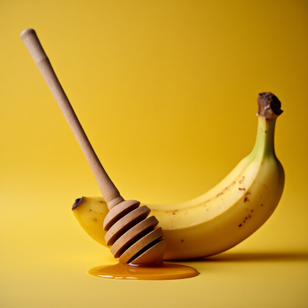 Honey dipper placed beside a banana on a yellow background.