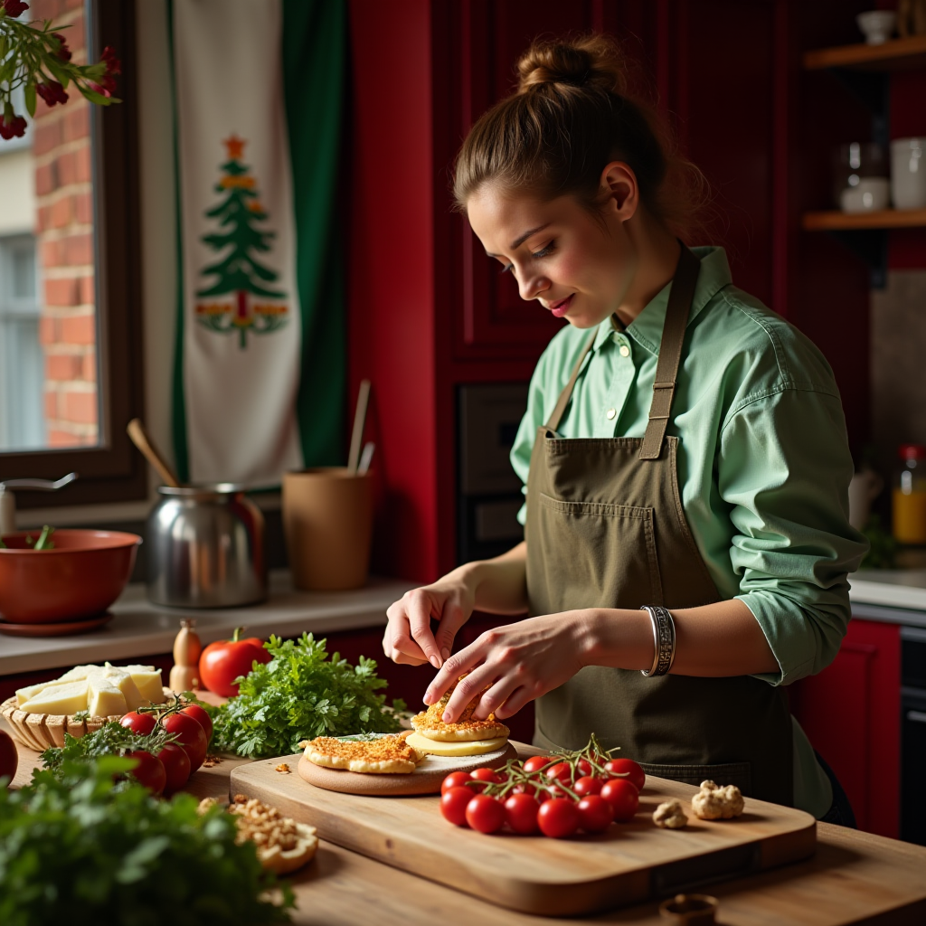 A person in an apron is preparing food on a wooden board surrounded by fresh ingredients.