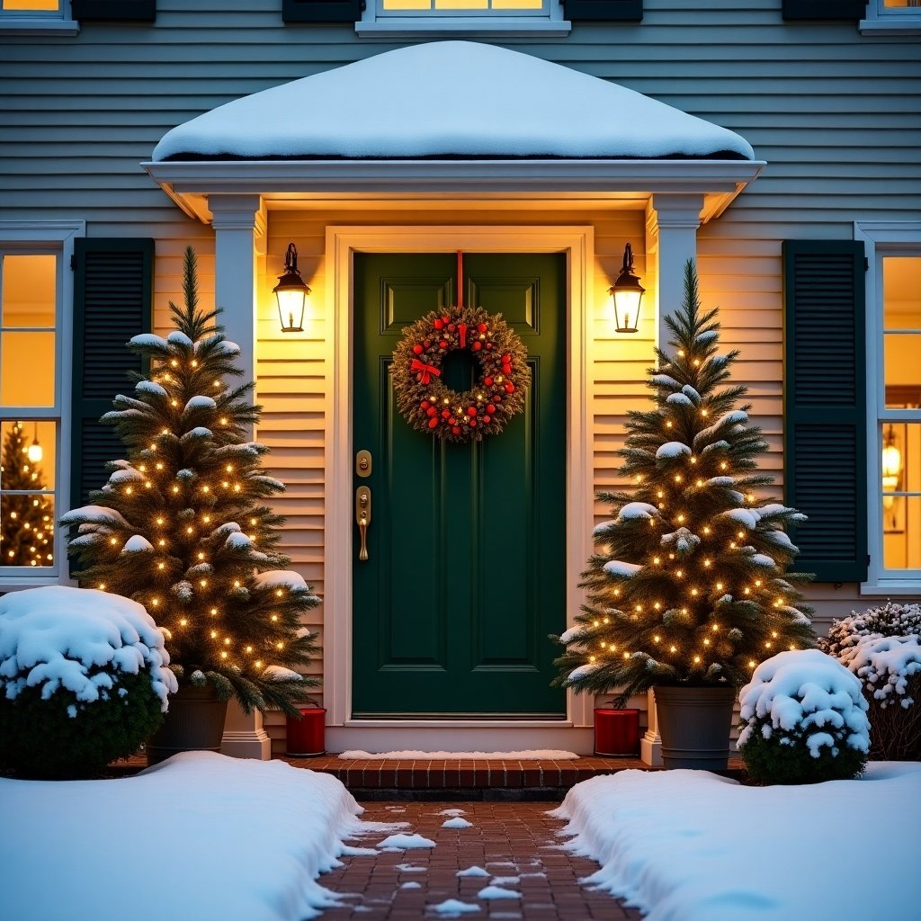 House with green front door and wreath. Snow covers the ground. Two decorated pine trees stand beside the entrance. Lights shining from windows. Christmas theme is prominent.