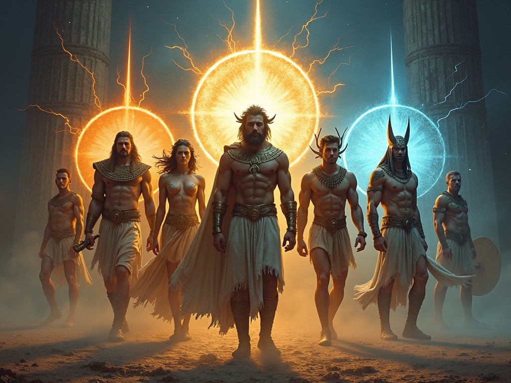 epic fantasy warriors with glowing orbs